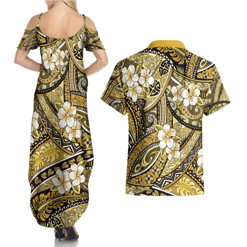 Polynesian Hibiscus Tropical Yellow Floral Couples Matching Summer Maxi Dress and Hawaiian Shirt Tribal Pattern - Polynesian Pride