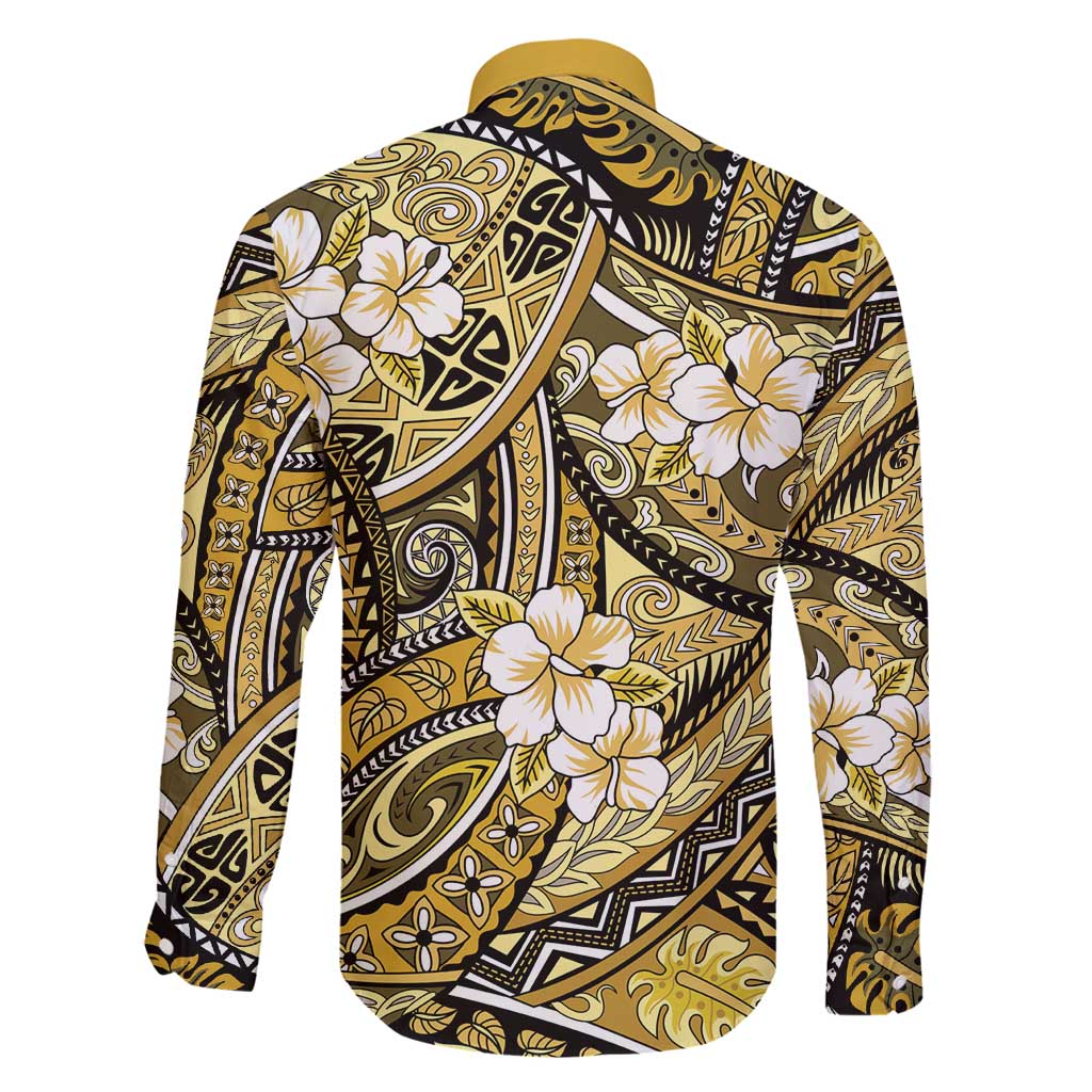 Polynesian Hibiscus Tropical Yellow Floral Family Matching Long Sleeve Bodycon Dress and Hawaiian Shirt Tribal Pattern - Polynesian Pride