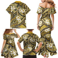 Polynesian Hibiscus Tropical Yellow Floral Family Matching Mermaid Dress and Hawaiian Shirt Tribal Pattern - Polynesian Pride