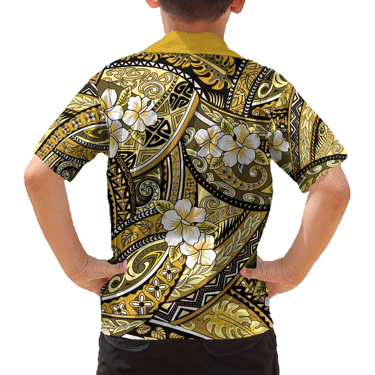 Polynesian Hibiscus Tropical Yellow Floral Family Matching Off The Shoulder Long Sleeve Dress and Hawaiian Shirt Tribal Pattern - Polynesian Pride