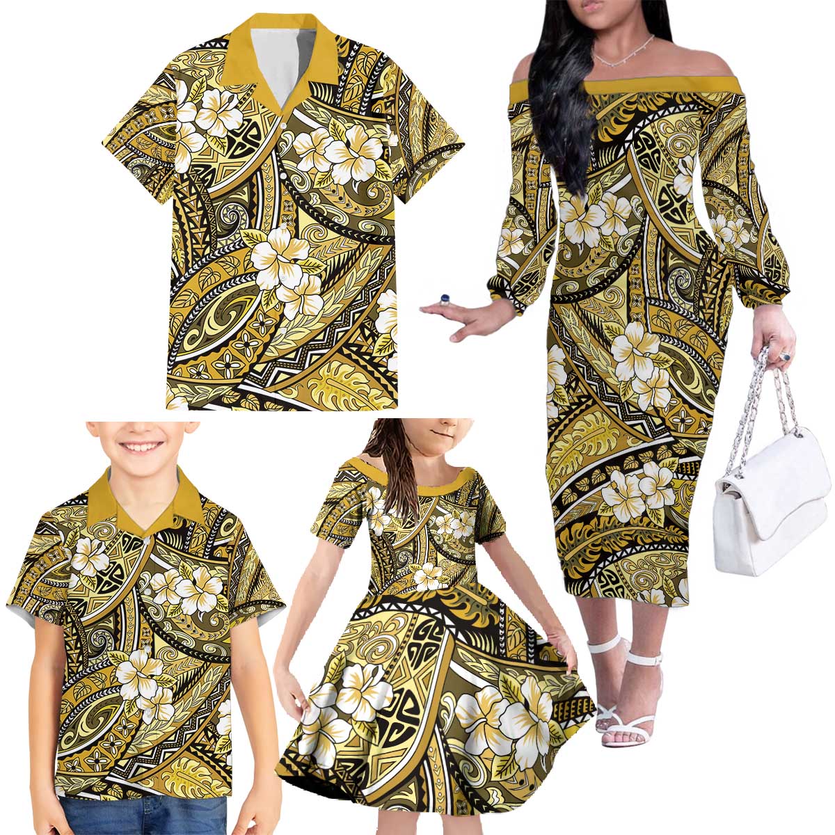 Polynesian Hibiscus Tropical Yellow Floral Family Matching Off The Shoulder Long Sleeve Dress and Hawaiian Shirt Tribal Pattern - Polynesian Pride