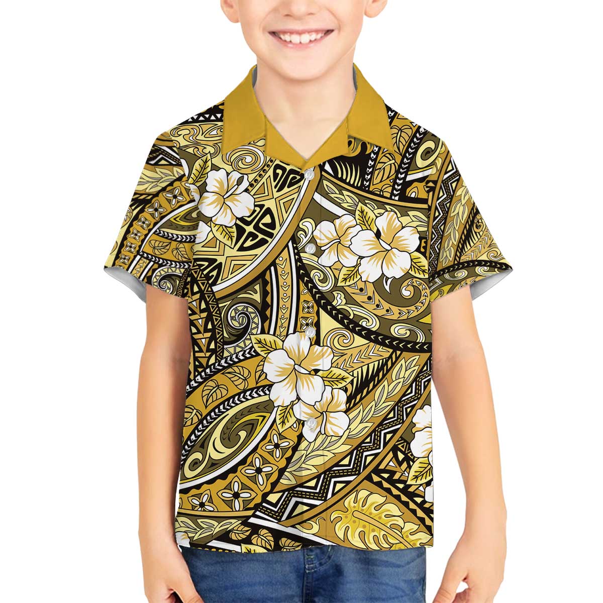 Polynesian Hibiscus Tropical Yellow Floral Family Matching Off The Shoulder Long Sleeve Dress and Hawaiian Shirt Tribal Pattern - Polynesian Pride