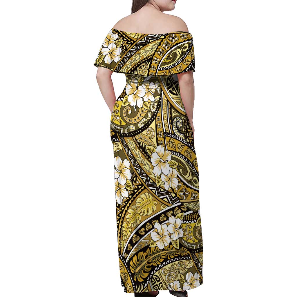 Polynesian Hibiscus Tropical Yellow Floral Family Matching Off Shoulder Maxi Dress and Hawaiian Shirt Tribal Pattern - Polynesian Pride