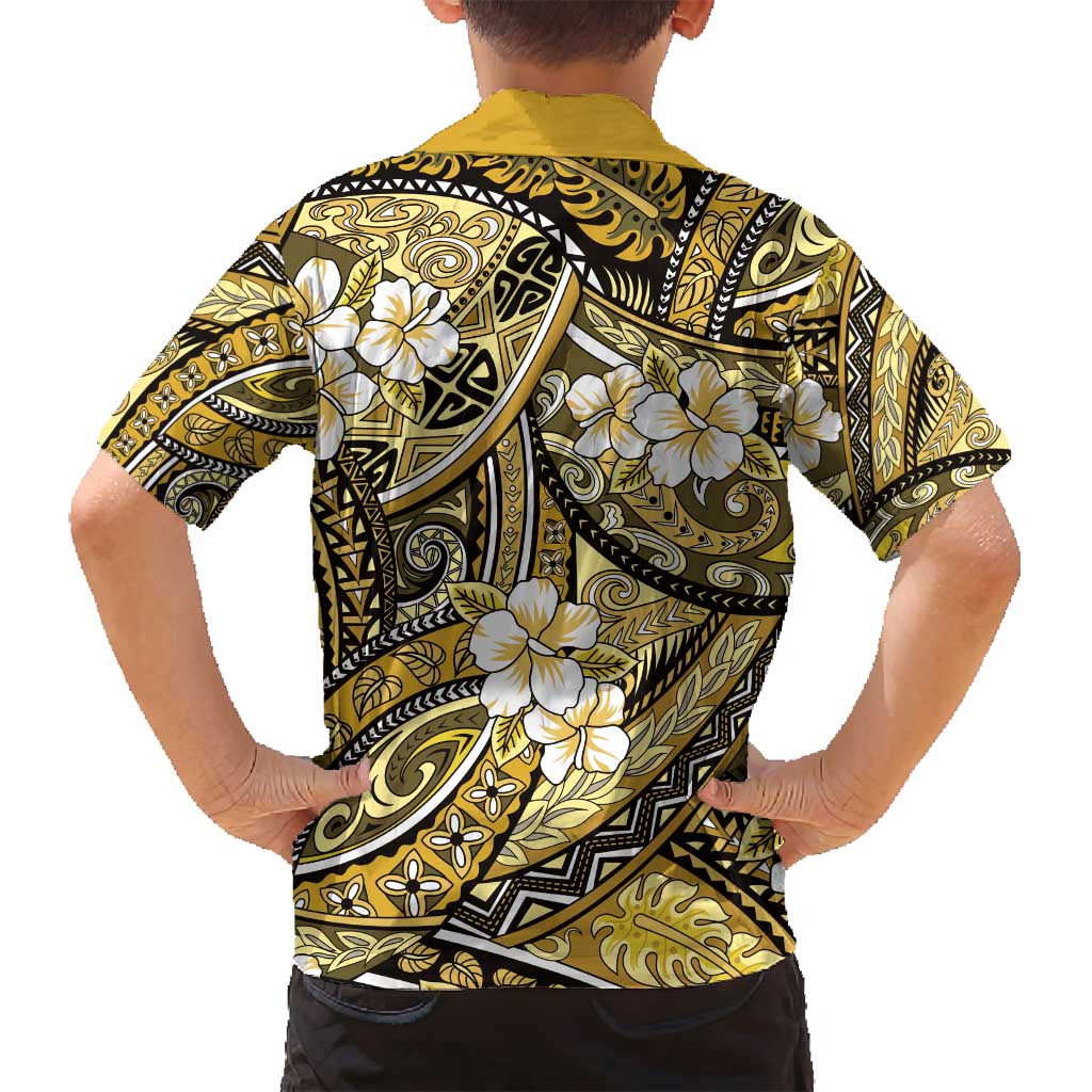 Polynesian Hibiscus Tropical Yellow Floral Family Matching Off Shoulder Short Dress and Hawaiian Shirt Tribal Pattern - Polynesian Pride