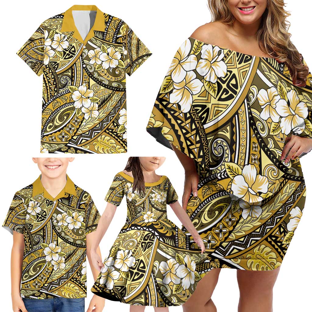 Polynesian Hibiscus Tropical Yellow Floral Family Matching Off Shoulder Short Dress and Hawaiian Shirt Tribal Pattern - Polynesian Pride