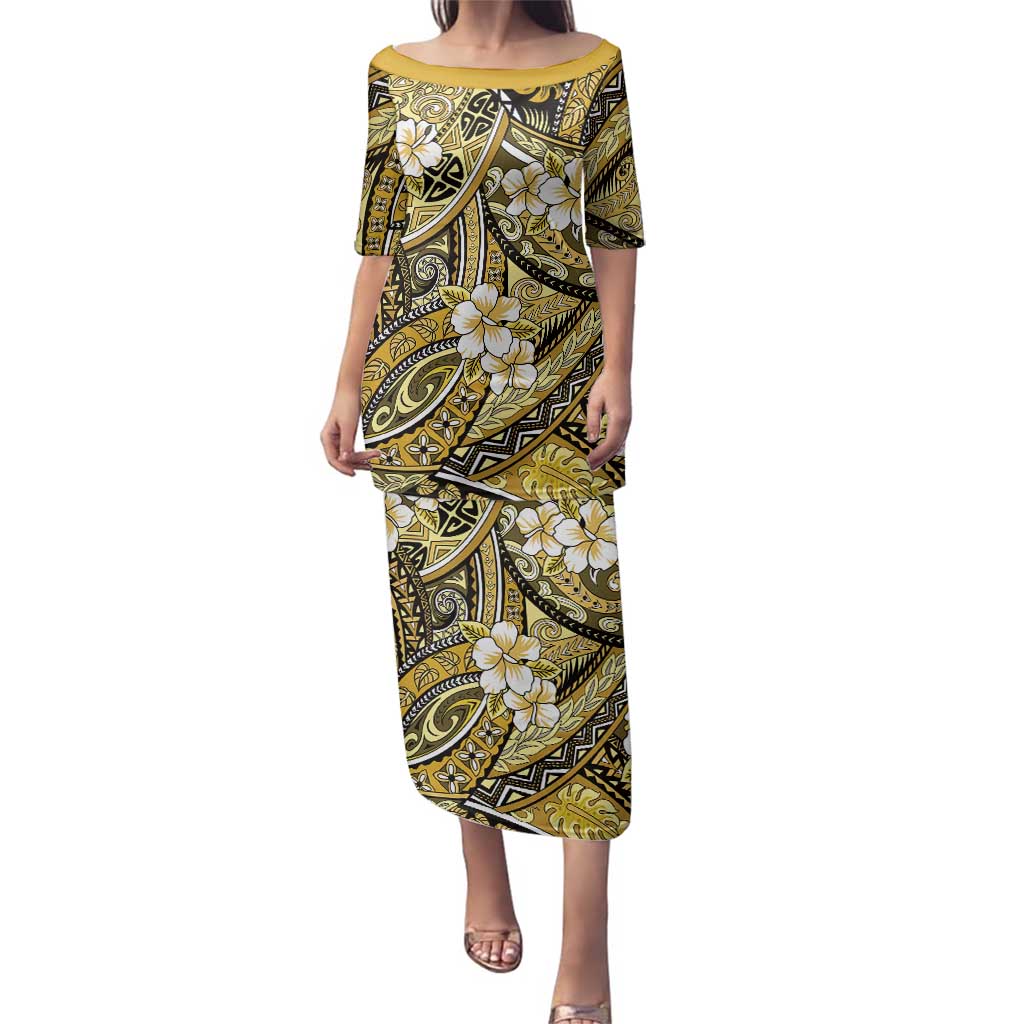 Polynesian Hibiscus Tropical Yellow Floral Family Matching Puletasi and Hawaiian Shirt Tribal Pattern - Polynesian Pride
