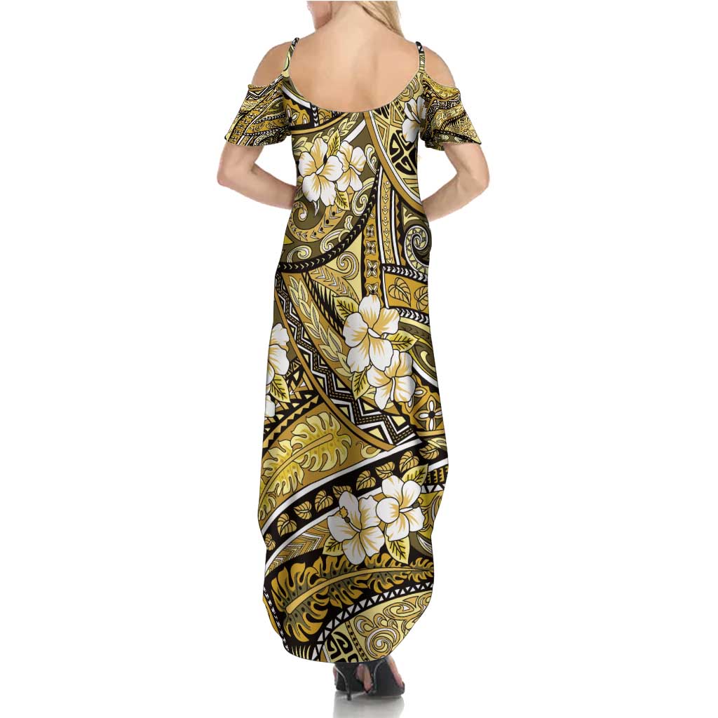 Polynesian Hibiscus Tropical Yellow Floral Family Matching Summer Maxi Dress and Hawaiian Shirt Tribal Pattern - Polynesian Pride