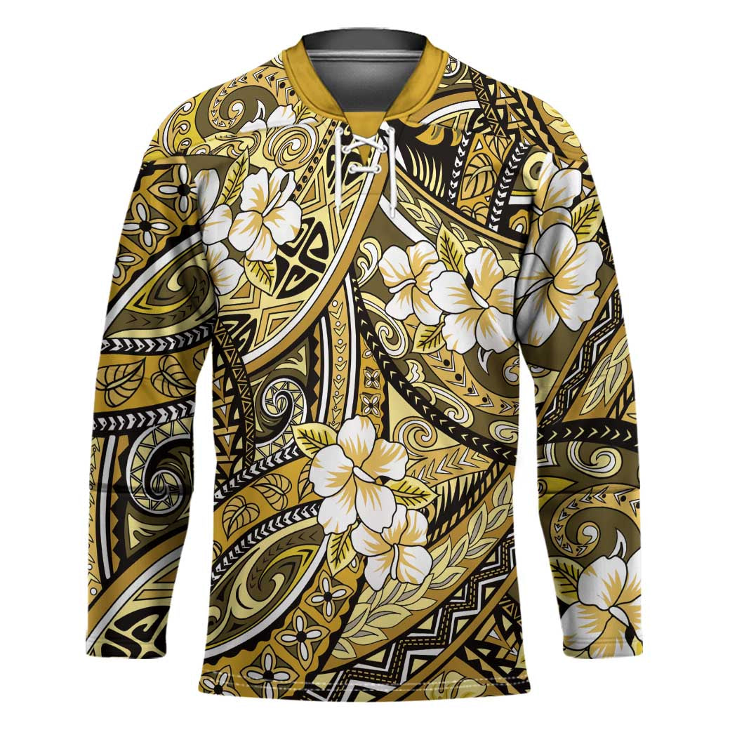 Polynesian Hibiscus Tropical Yellow Floral Hockey Jersey Tribal Pattern - Polynesian Pride