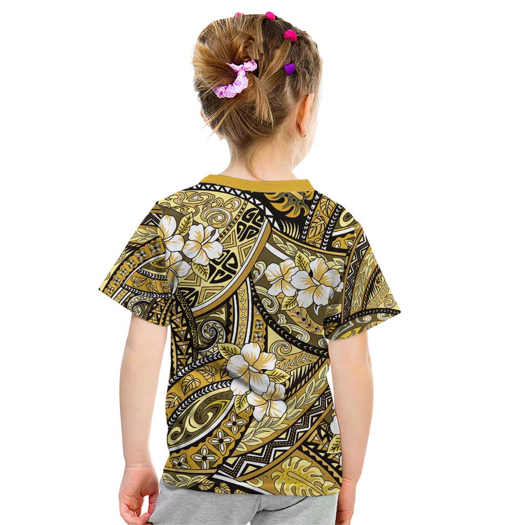 Polynesian Hibiscus Tropical Yellow Floral Kid T Shirt Tribal Pattern - Polynesian Pride