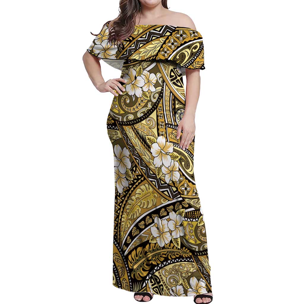 Polynesian Hibiscus Tropical Yellow Floral Off Shoulder Maxi Dress Tribal Pattern - Polynesian Pride