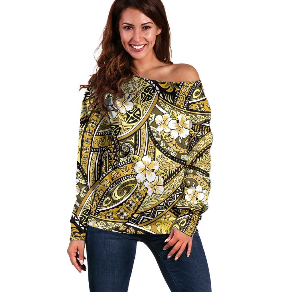 Polynesian Hibiscus Tropical Yellow Floral Off Shoulder Sweater Tribal Pattern - Polynesian Pride