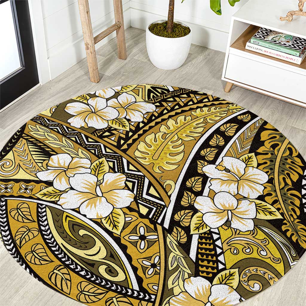 Polynesian Hibiscus Tropical Yellow Floral Round Carpet Tribal Pattern - Polynesian Pride