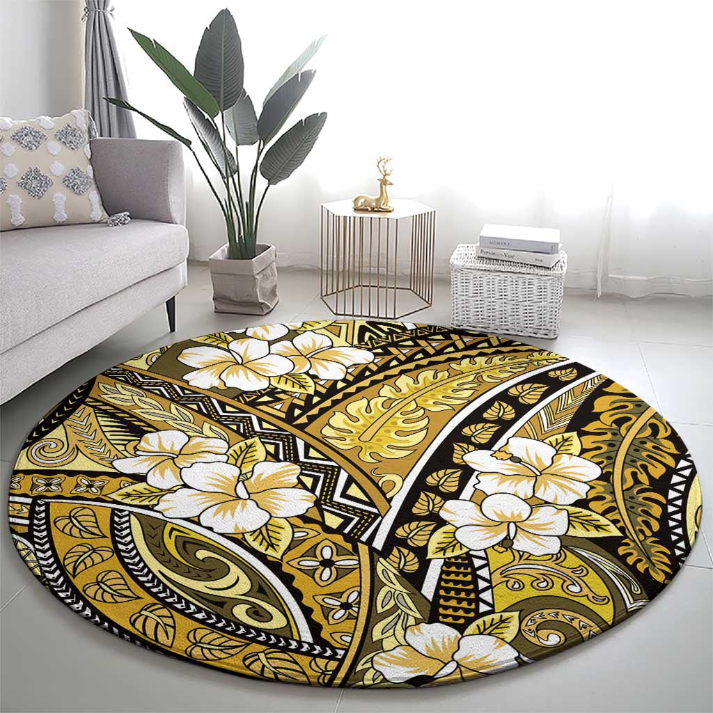 Polynesian Hibiscus Tropical Yellow Floral Round Carpet Tribal Pattern - Polynesian Pride