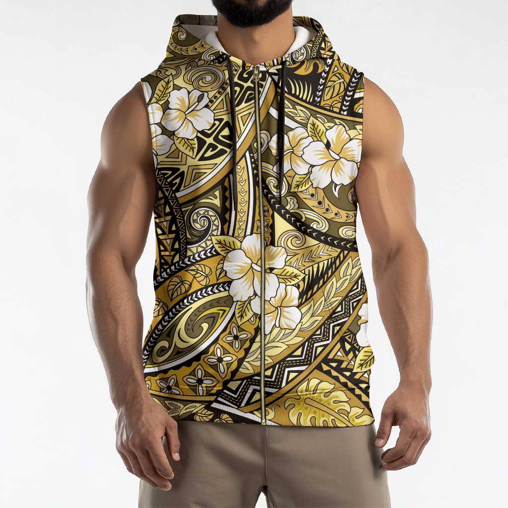Polynesian Hibiscus Tropical Yellow Floral Sleeveless Zip Hoodie Tribal Pattern - Polynesian Pride