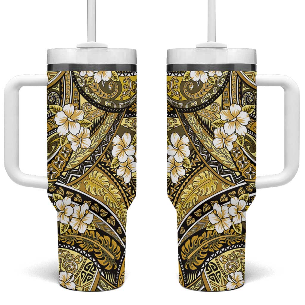 Polynesian Hibiscus Tropical Yellow Floral Tumbler With Handle Tribal Pattern - Polynesian Pride