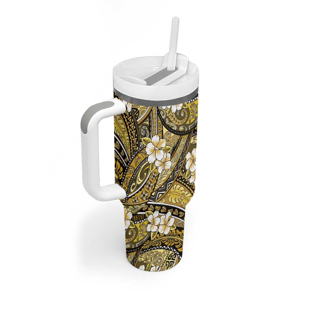 Polynesian Hibiscus Tropical Yellow Floral Tumbler With Handle Tribal Pattern - Polynesian Pride