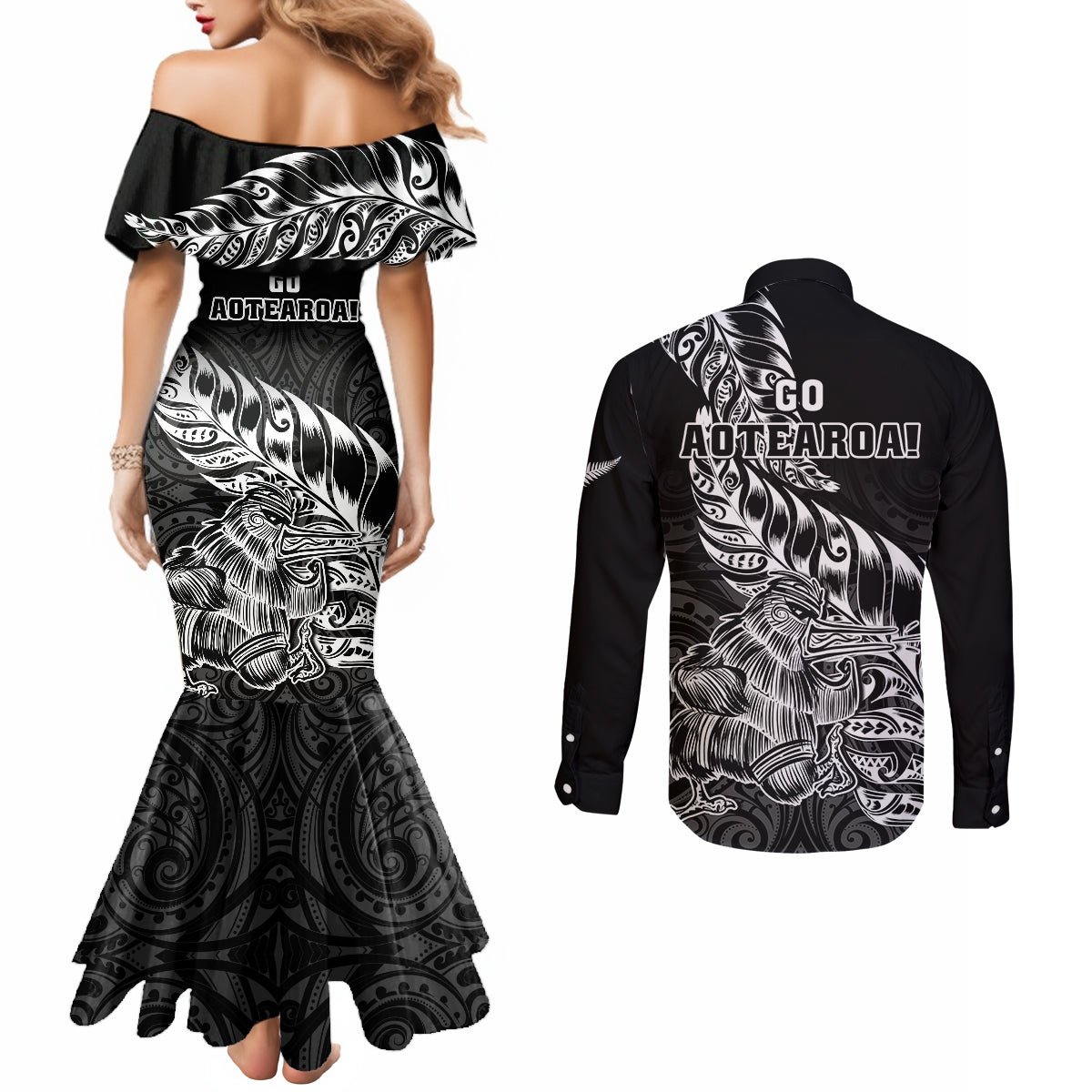 New Zealand Silver Fern Rugby Couples Matching Mermaid Dress and Long Sleeve Button Shirts Aotearoa Kiwi Maori Black Version LT01 - Polynesian Pride