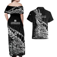 New Zealand Silver Fern Rugby Couples Matching Off Shoulder Maxi Dress and Hawaiian Shirt Aotearoa Kiwi Maori Black Version LT01 - Polynesian Pride