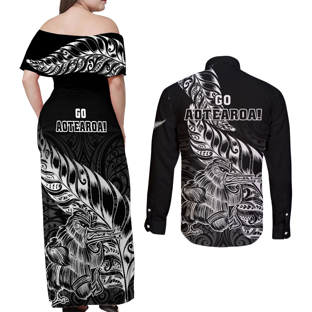 New Zealand Silver Fern Rugby Couples Matching Off Shoulder Maxi Dress and Long Sleeve Button Shirts Aotearoa Kiwi Maori Black Version LT01 - Polynesian Pride