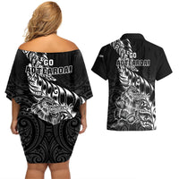 New Zealand Silver Fern Rugby Couples Matching Off Shoulder Short Dress and Hawaiian Shirt Aotearoa Kiwi Maori Black Version LT01 - Polynesian Pride