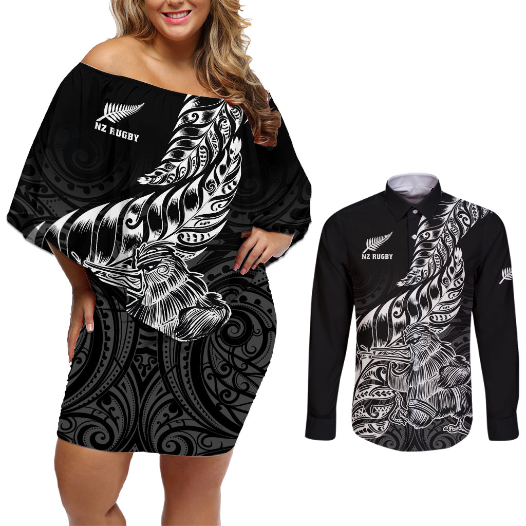 New Zealand Silver Fern Rugby Couples Matching Off Shoulder Short Dress and Long Sleeve Button Shirts Aotearoa Kiwi Maori Black Version LT01 Black - Polynesian Pride