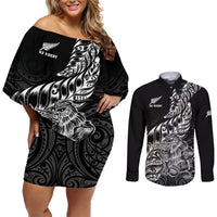New Zealand Silver Fern Rugby Couples Matching Off Shoulder Short Dress and Long Sleeve Button Shirts Aotearoa Kiwi Maori Black Version LT01 Black - Polynesian Pride