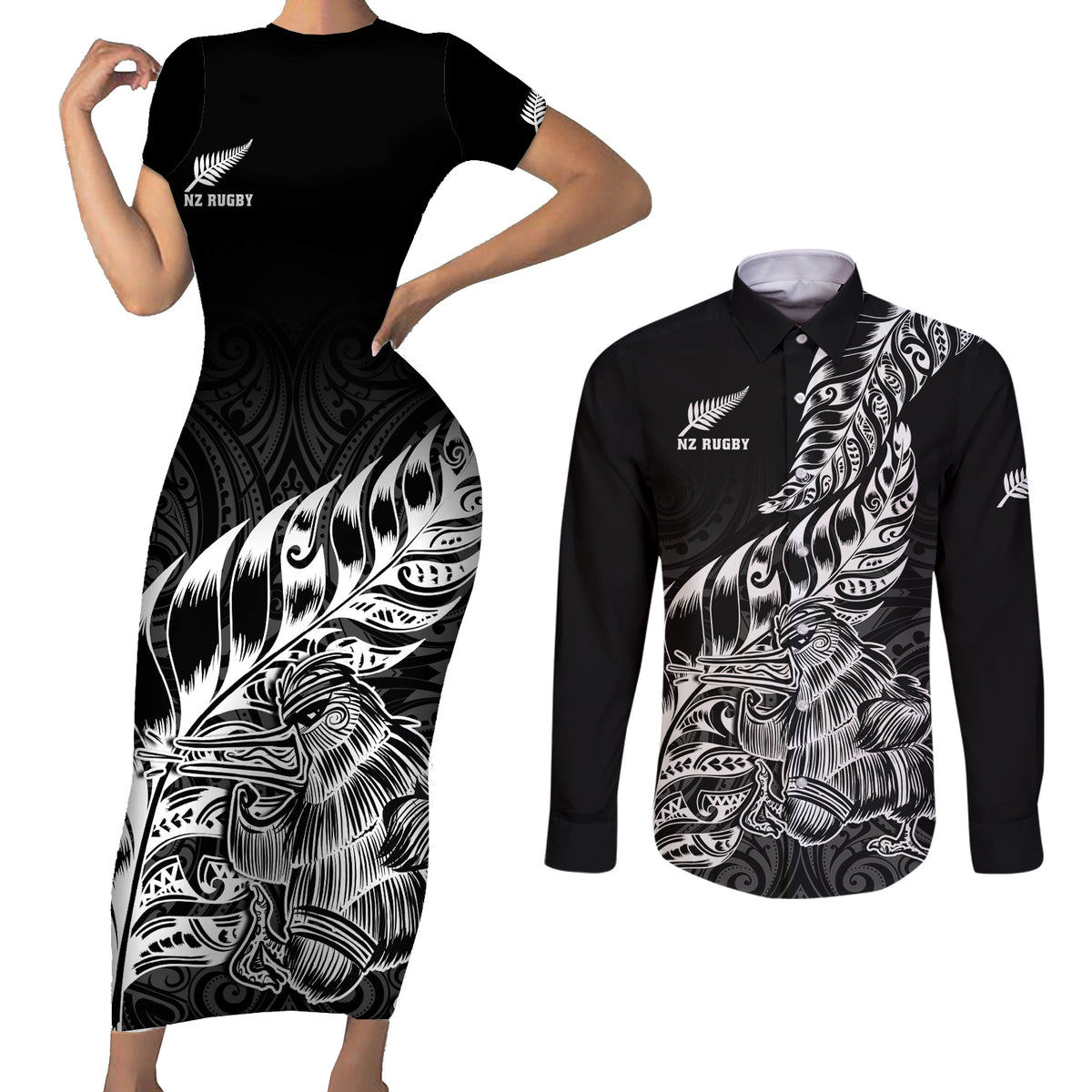 New Zealand Silver Fern Rugby Couples Matching Short Sleeve Bodycon Dress and Long Sleeve Button Shirts Aotearoa Kiwi Maori Black Version LT01 Black - Polynesian Pride