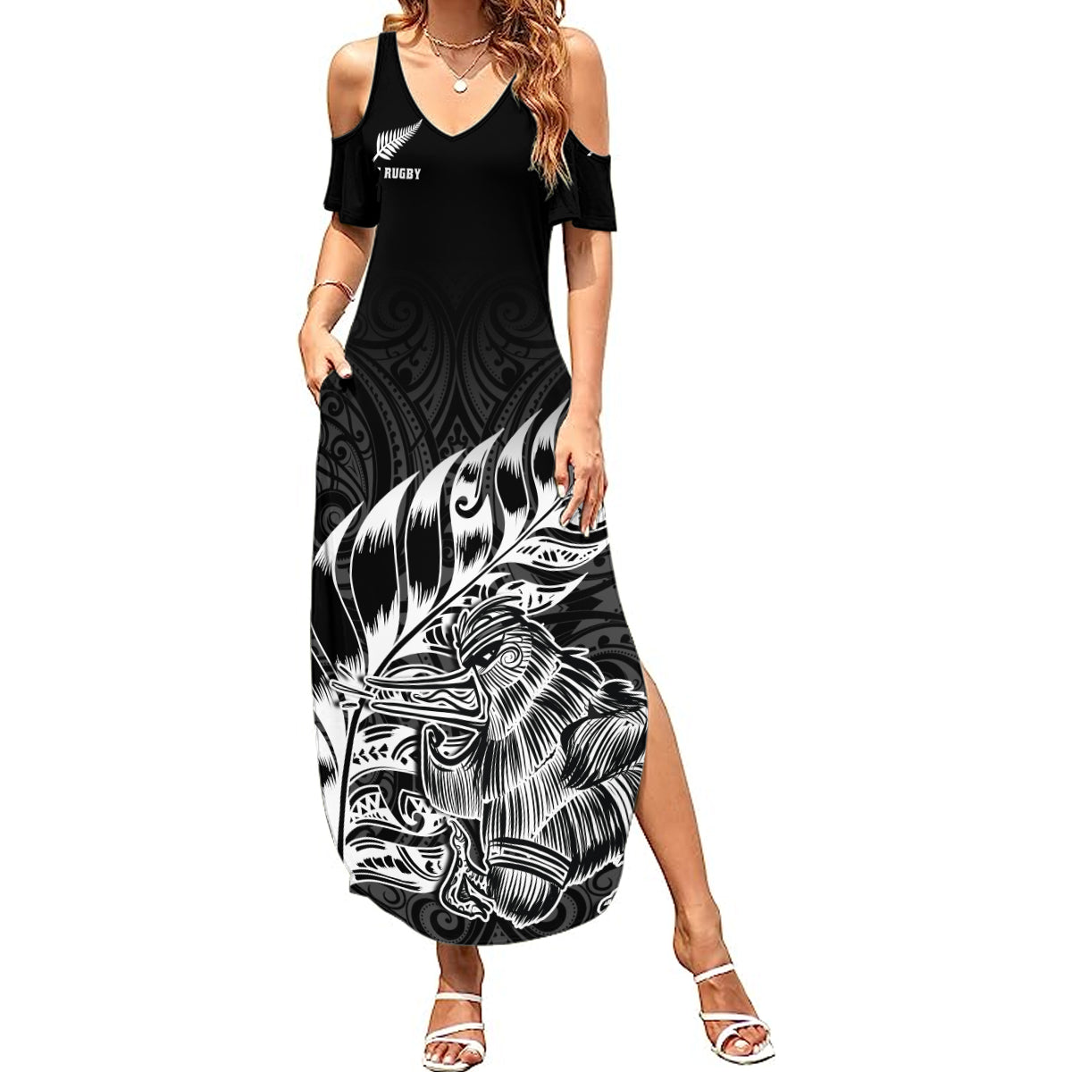 New Zealand Silver Fern Rugby Summer Maxi Dress Aotearoa Kiwi Maori Black Version LT01 Women Black - Polynesian Pride