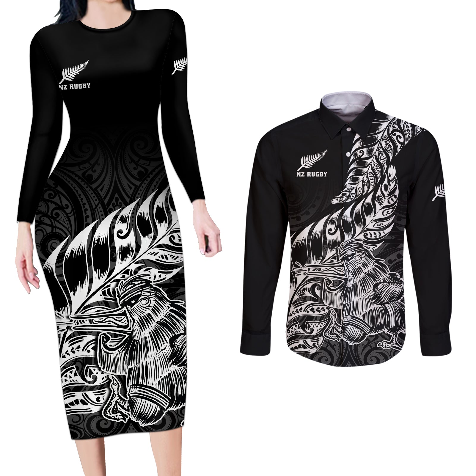 Custom New Zealand Silver Fern Rugby Couples Matching Long Sleeve Bodycon Dress and Long Sleeve Button Shirts Aotearoa Kiwi Maori Black Version LT01 Black - Polynesian Pride