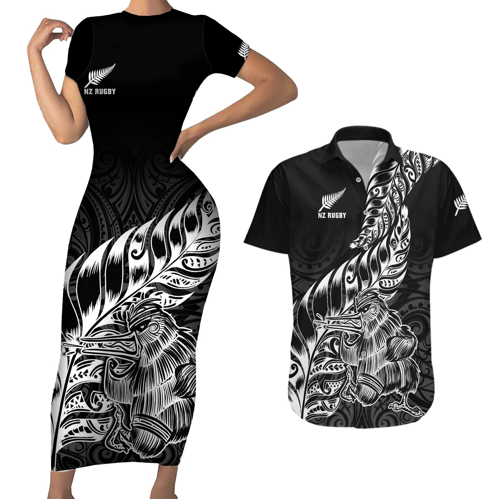 Custom New Zealand Silver Fern Rugby Couples Matching Short Sleeve Bodycon Dress and Hawaiian Shirt Aotearoa Kiwi Maori Black Version LT01 Black - Polynesian Pride