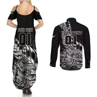 Custom New Zealand Silver Fern Rugby Couples Matching Summer Maxi Dress and Long Sleeve Button Shirts Aotearoa Kiwi Maori Black Version LT01 - Polynesian Pride