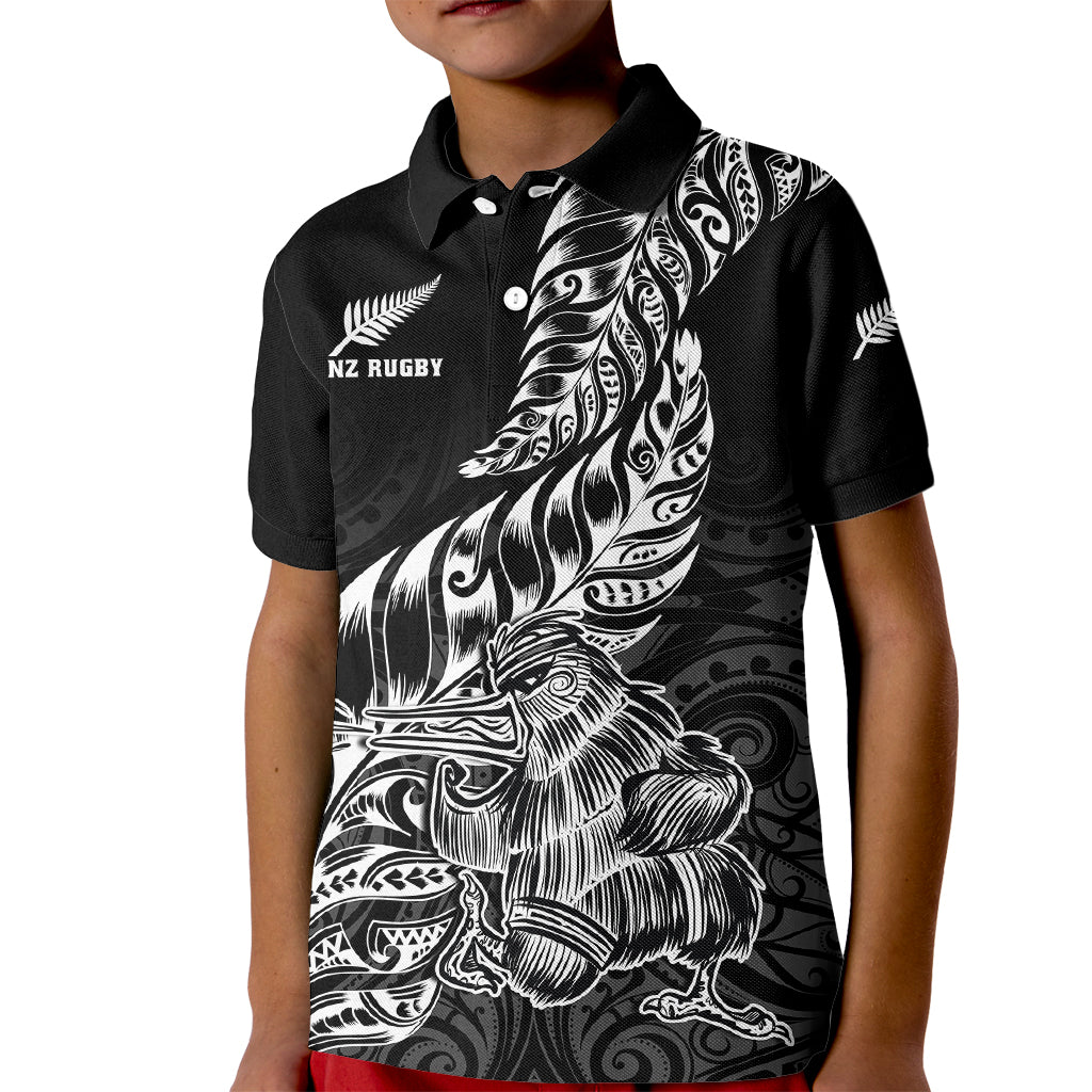 Custom New Zealand Silver Fern Rugby Kid Polo Shirt Aotearoa Kiwi Maori Black Version LT01 Kid Black - Polynesian Pride