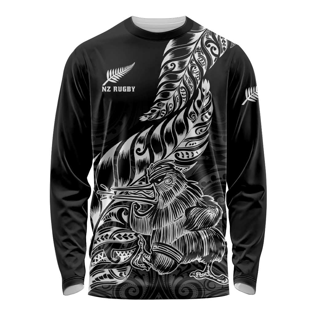 Custom New Zealand Silver Fern Rugby Long Sleeve Shirt Aotearoa Kiwi Maori Black Version LT01