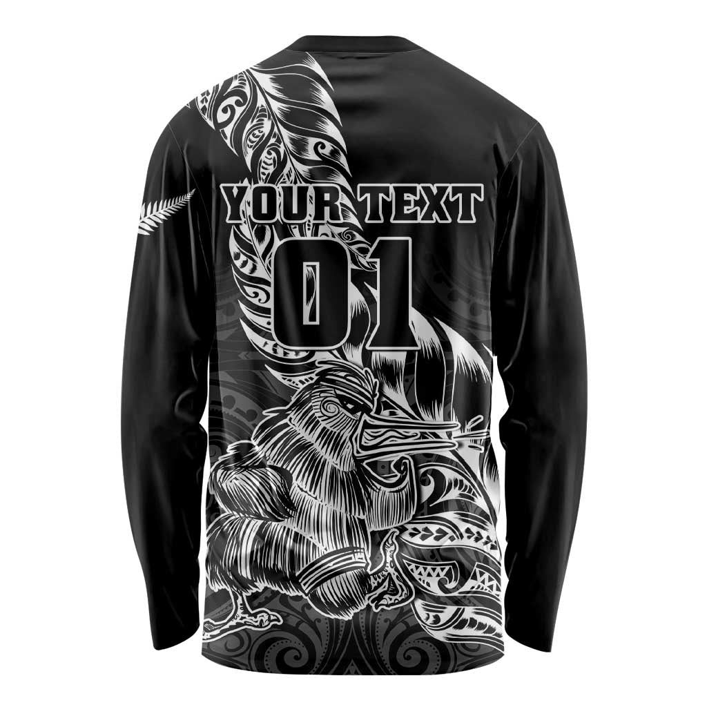 Custom New Zealand Silver Fern Rugby Long Sleeve Shirt Aotearoa Kiwi Maori Black Version LT01