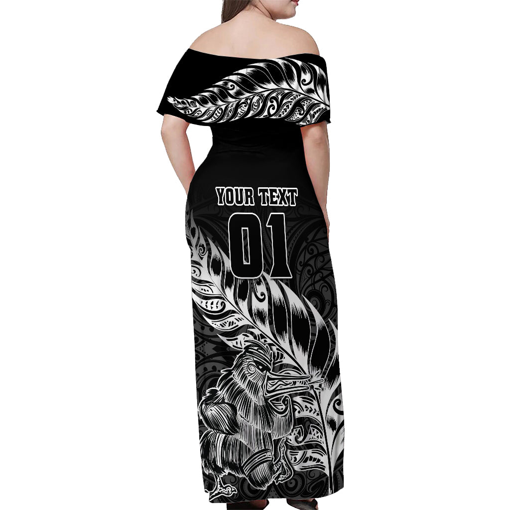 Custom New Zealand Silver Fern Rugby Off Shoulder Maxi Dress Aotearoa Kiwi Maori Black Version LT01 - Polynesian Pride