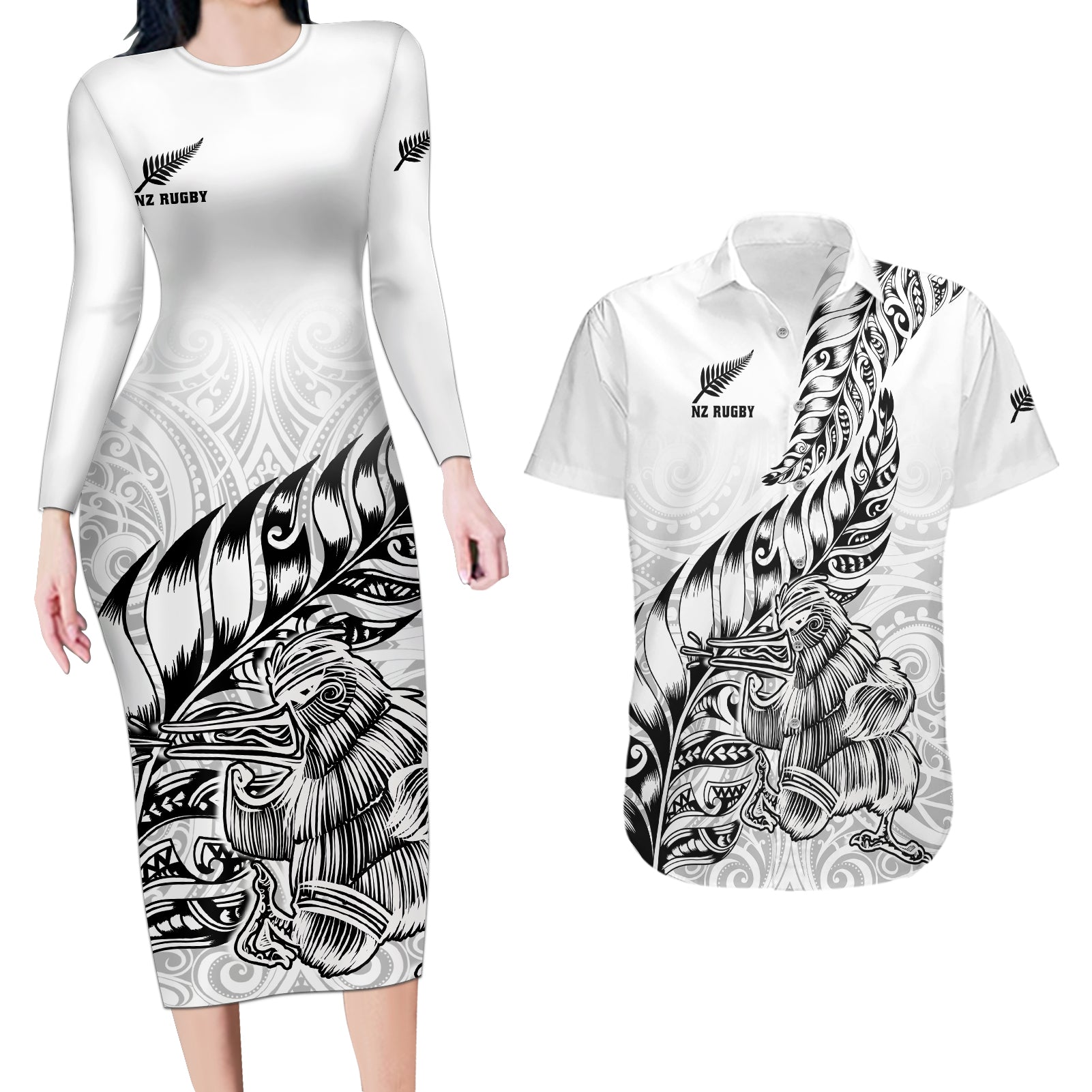 New Zealand Silver Fern Rugby Couples Matching Long Sleeve Bodycon Dress and Hawaiian Shirt Aotearoa Kiwi Maori White Version LT01 White - Polynesian Pride