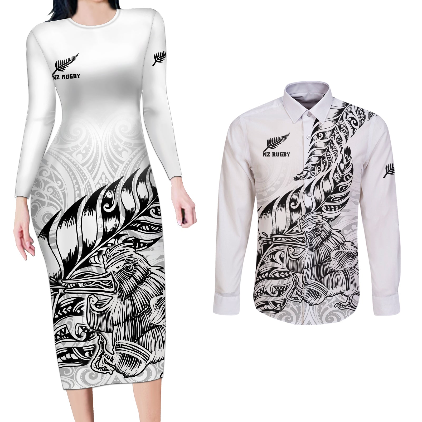 New Zealand Silver Fern Rugby Couples Matching Long Sleeve Bodycon Dress and Long Sleeve Button Shirts Aotearoa Kiwi Maori White Version LT01 White - Polynesian Pride