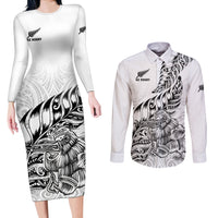 New Zealand Silver Fern Rugby Couples Matching Long Sleeve Bodycon Dress and Long Sleeve Button Shirts Aotearoa Kiwi Maori White Version LT01 White - Polynesian Pride