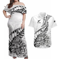 New Zealand Silver Fern Rugby Couples Matching Off Shoulder Maxi Dress and Hawaiian Shirt Aotearoa Kiwi Maori White Version LT01 White - Polynesian Pride