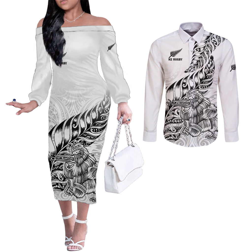 New Zealand Silver Fern Rugby Couples Matching Off The Shoulder Long Sleeve Dress and Long Sleeve Button Shirts Aotearoa Kiwi Maori White Version LT01 White - Polynesian Pride