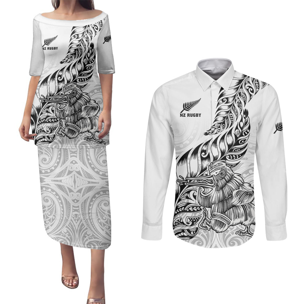 New Zealand Silver Fern Rugby Couples Matching Puletasi Dress and Long Sleeve Button Shirts Aotearoa Kiwi Maori White Version LT01 White - Polynesian Pride