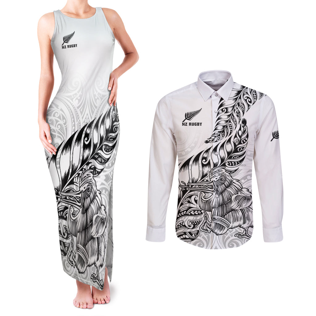 New Zealand Silver Fern Rugby Couples Matching Tank Maxi Dress and Long Sleeve Button Shirts Aotearoa Kiwi Maori White Version LT01 White - Polynesian Pride