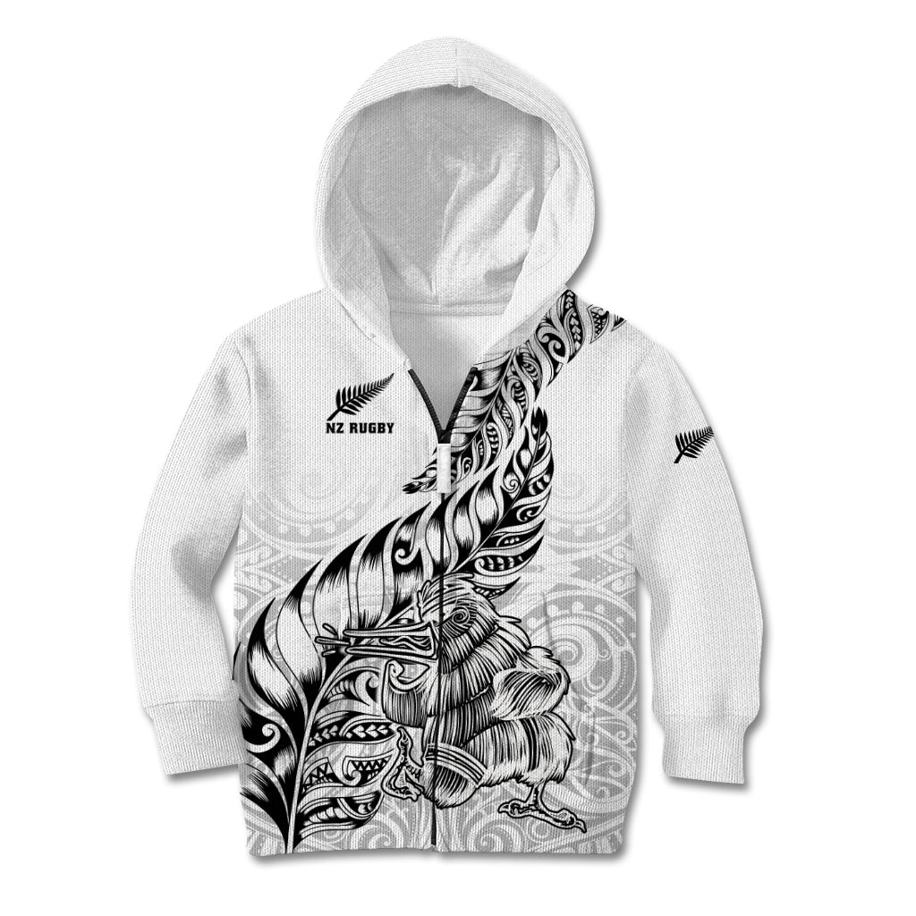 New Zealand Silver Fern Rugby Kid Hoodie Aotearoa Kiwi Maori White Version LT01 Zip Hoodie White - Polynesian Pride