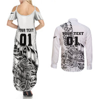 Custom New Zealand Silver Fern Rugby Couples Matching Summer Maxi Dress and Long Sleeve Button Shirts Aotearoa Kiwi Maori White Version LT01 - Polynesian Pride