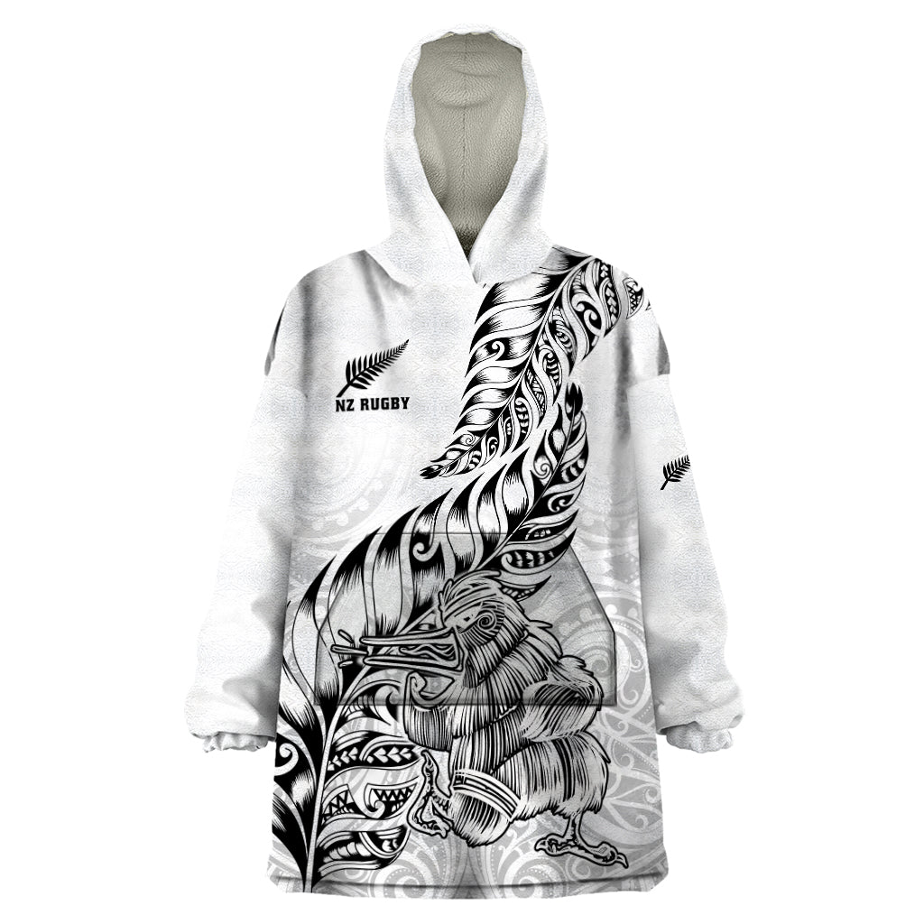 Custom New Zealand Silver Fern Rugby Wearable Blanket Hoodie Aotearoa Kiwi Maori White Version LT01 One Size White - Polynesian Pride