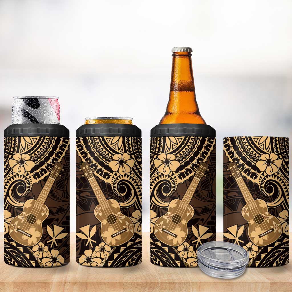 Hawaii Ukulele 4 in 1 Can Cooler Tumbler Polynesian Pattern Gold Version