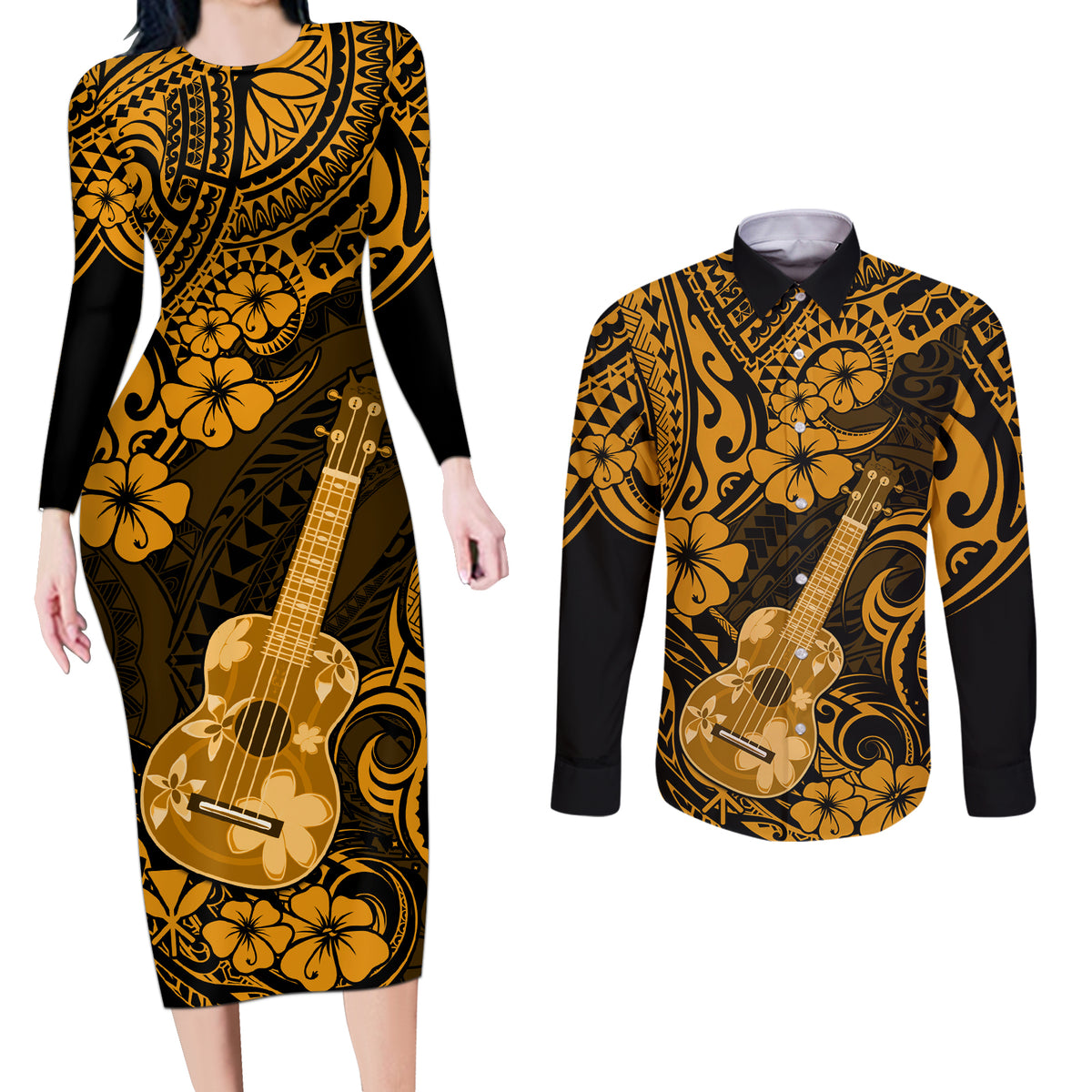 Hawaii Ukulele Couples Matching Long Sleeve Bodycon Dress and Long Sleeve Button Shirts Polynesian Pattern Gold Version LT01 Gold - Polynesian Pride