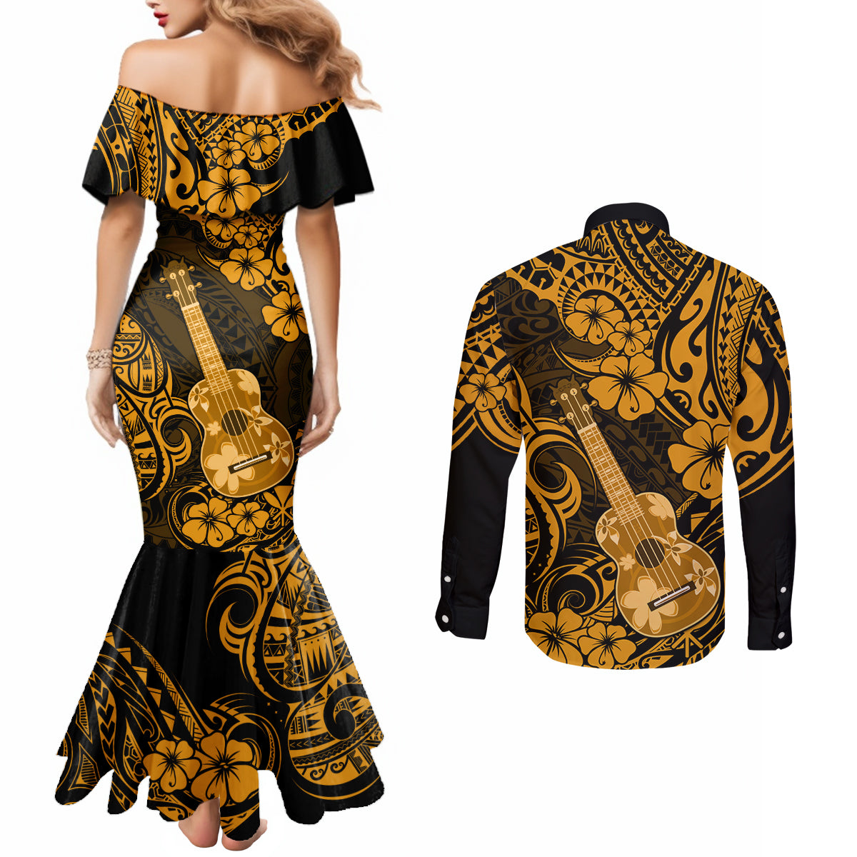 Hawaii Ukulele Couples Matching Mermaid Dress and Long Sleeve Button Shirts Polynesian Pattern Gold Version LT01 - Polynesian Pride