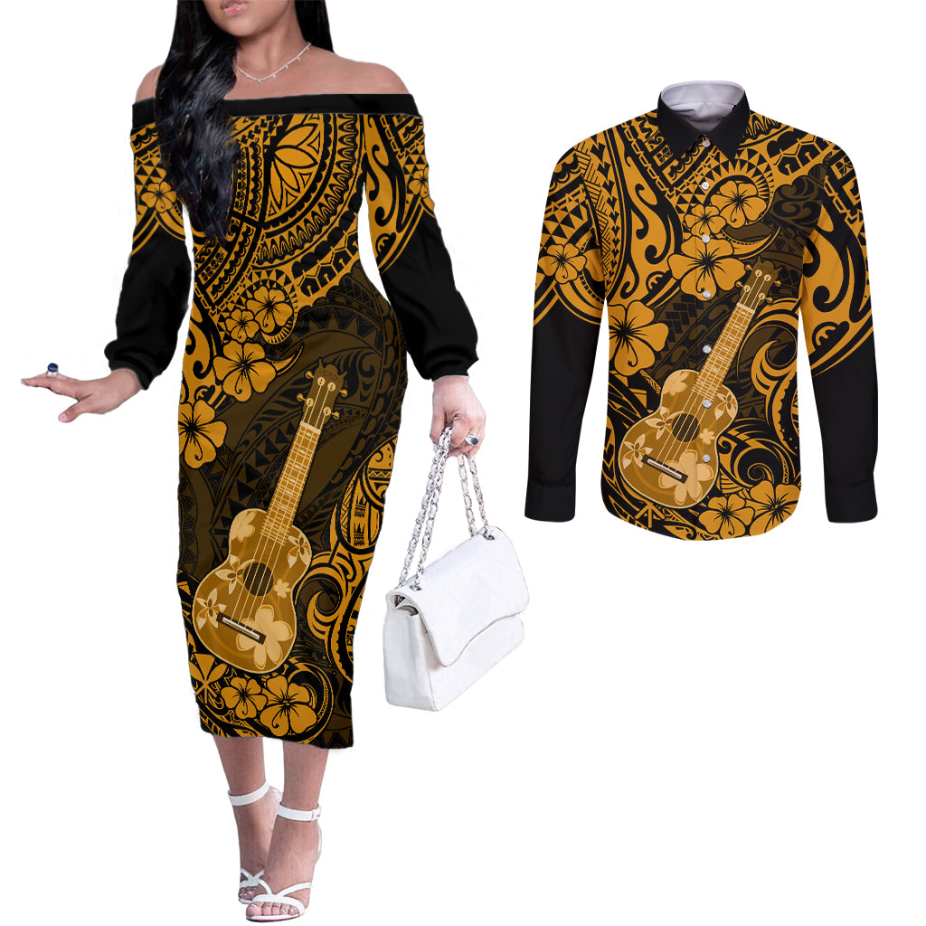 Hawaii Ukulele Couples Matching Off The Shoulder Long Sleeve Dress and Long Sleeve Button Shirts Polynesian Pattern Gold Version LT01 Gold - Polynesian Pride