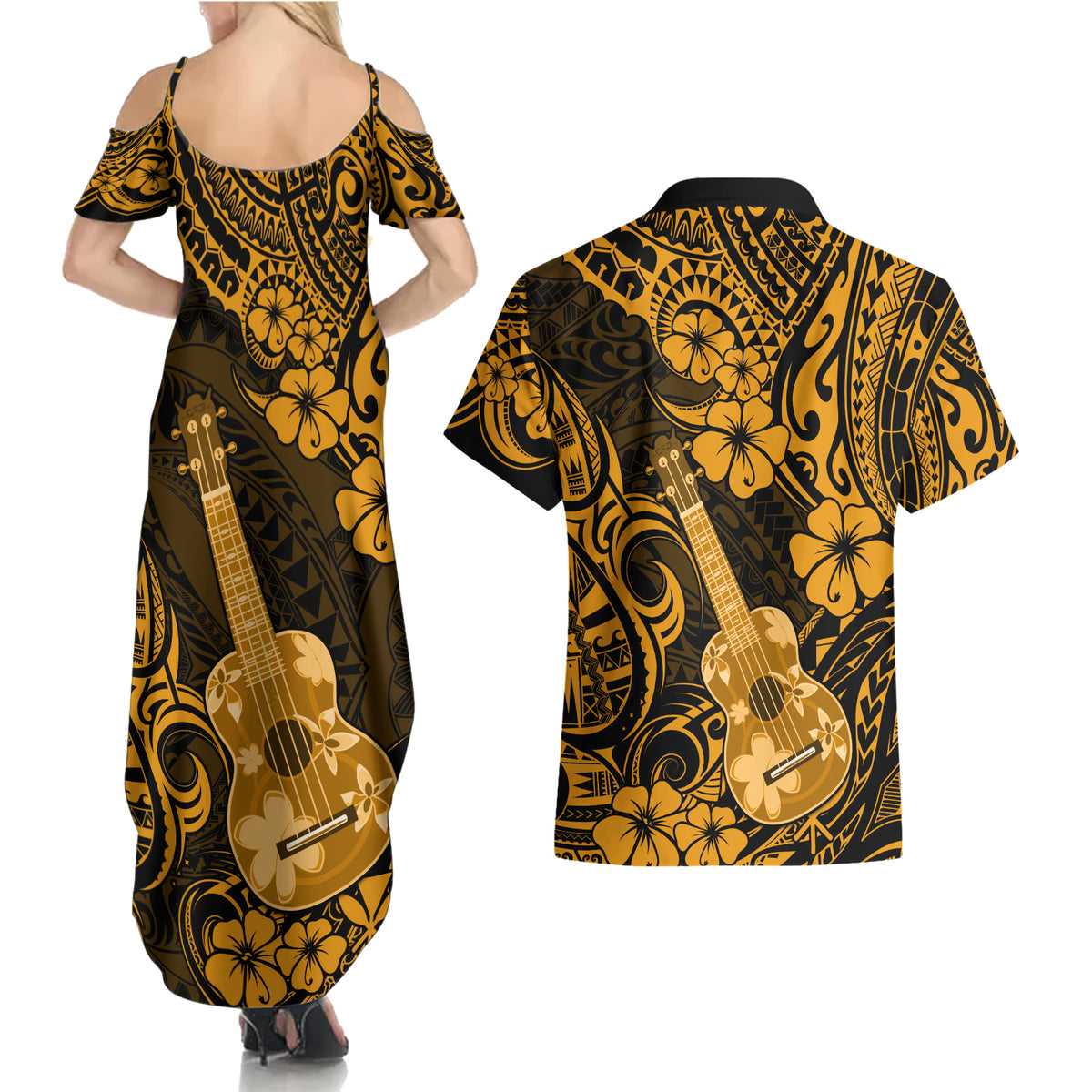 Hawaii Ukulele Couples Matching Summer Maxi Dress and Hawaiian Shirt Polynesian Pattern Gold Version LT01 - Polynesian Pride